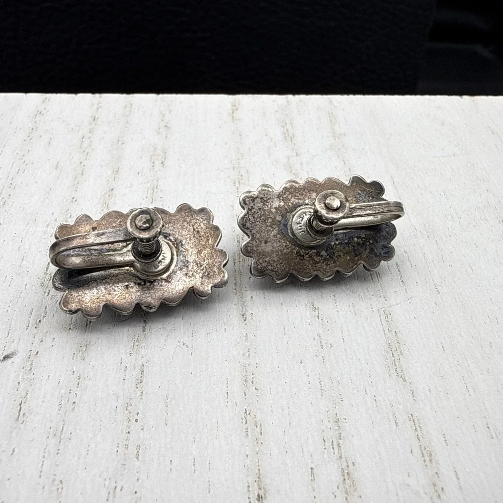 Vintage Mexico Screw Back Earrings Stamped‎ Silver Blue Confetti Art Glass Studs
